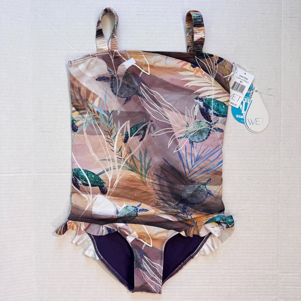 Sea Turtle Swimsuit Kids Girls 8y One Piece Ruffle WET Swimwear Youth NEW